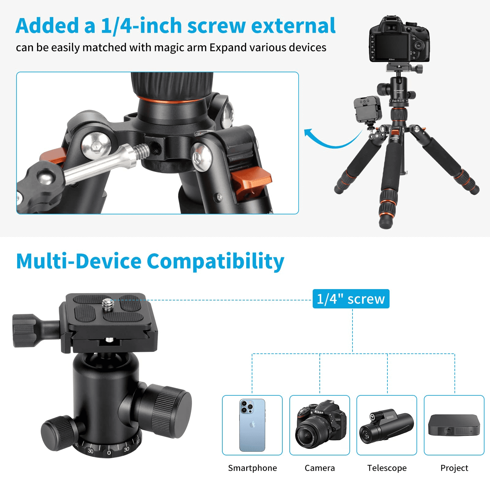 Koolehaoda Portable Mini Tripod Aluminum Alloy Tabletop Tripod 25inch with 360 Degree Ball Head, 1/4 inch Quick Shoe Plate for DSLR Camera Video Camcorder TMP-223 Orange