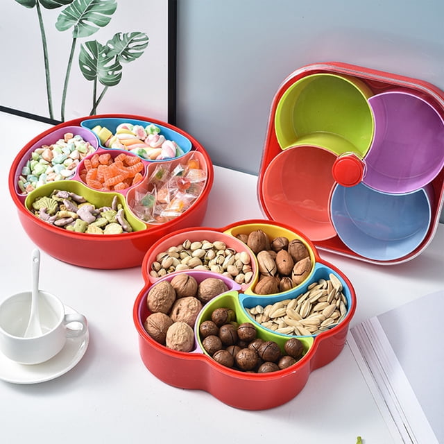 Caja de frutas secas coloridas | Recipiente de plástico giratorio para aperitivos, caramelos, dulces | Formas de ciruela cuadradas redondas | Duradero, ligero y duradero, 25-27 cm de diámetro | 1