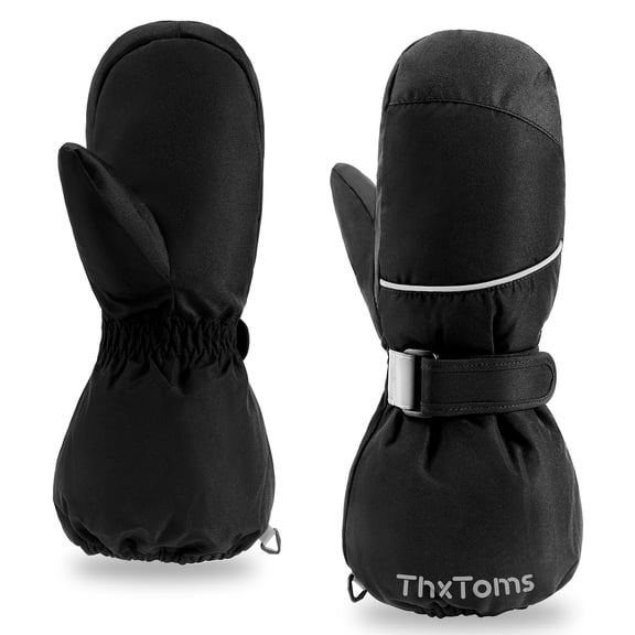 ThxToms Kids Ski Mittens for Boys and Girls, Water Resistant Windproof Warm Fleece Lined Winter Snow Gloves, Black