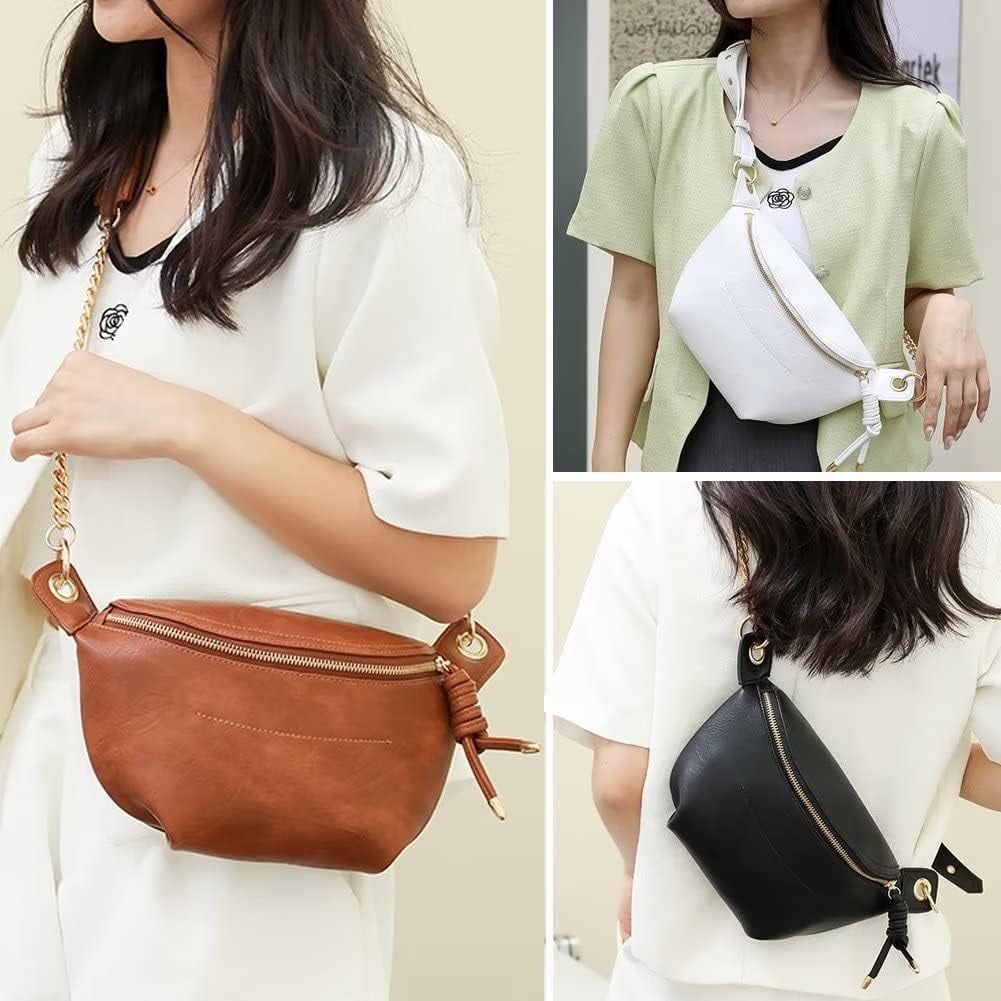 MMYGU Sling Bag for Women Vintage PU Leather Crossbody Bag Roomy Shoulder Purse Designer Fanny Pack with Chain Strap
