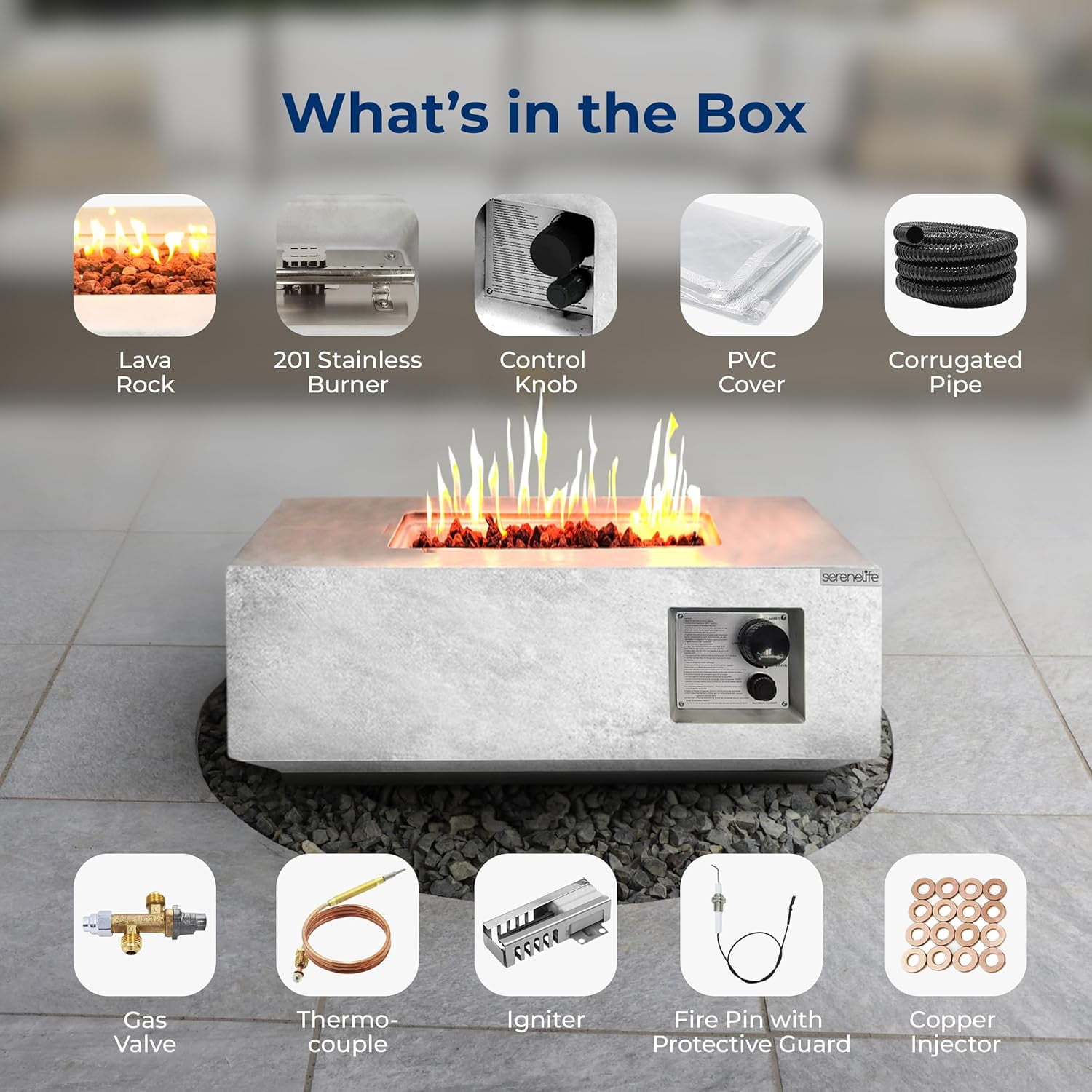 SereneLife Propane Gas Fire Pit Table - 40,000 BTU Square Gas Firepits with Cover for Outside