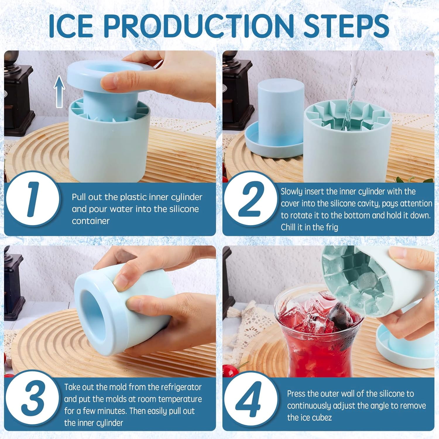 BYXAS Ice Cube Trays 4 PCS,Silicone Ice Cube Molds, Crushed Ice Maker Cup,Cylinder Ice Cube Maker Cup,Easy Release Ice Cup,Holds to 60 Ice Cubes Portable Ice Bucket Mold(Blue)
