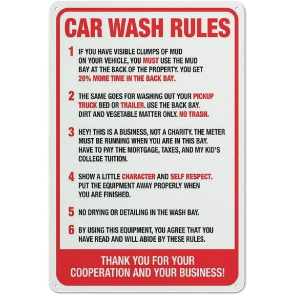 Car Wash Rules Sign 12”X8” Metal Signs Aluminum Sign Pre-Drilled Holes For Easy Mounting Indoor Or Outdoor Use For Fence Door Or Gate