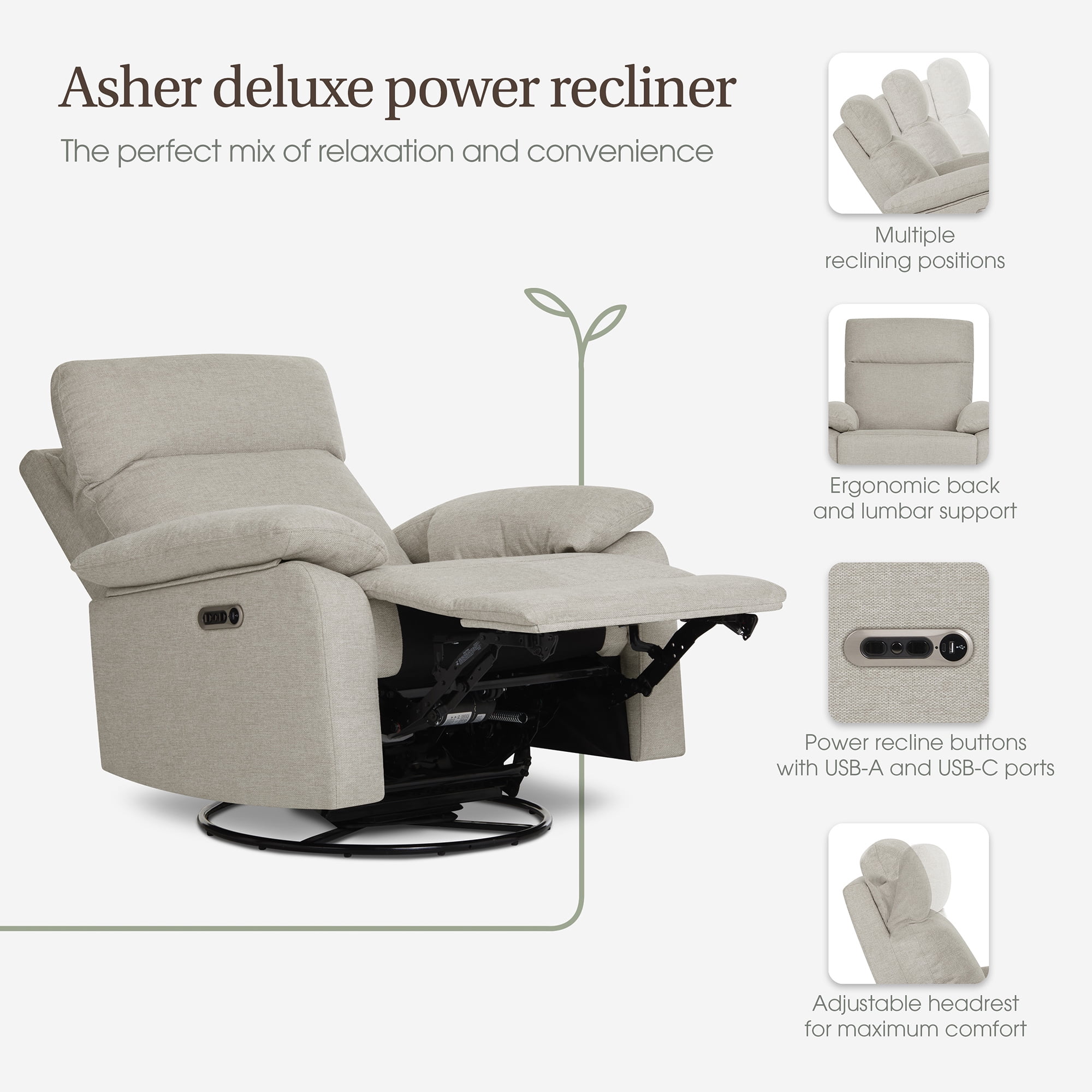 Evolur Asher Deluxe Power Recline Glider, Extra-Wide Nursery Recliner Chair with Adjustable Power Headrest, 275° Swivel, USB-A & USB-C Charging Ports, Ergonomic Lumbar Support, FSC Certified, Beige