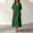 thumbnail image 4 of Bxsruta Women's Wrap V Neck Midi Dress Button Front Short Sleeve Loose Fit Casual Faux Linen Summer Dress Breathable Lightweight Versatile Everyday Flattering, 4 of 8