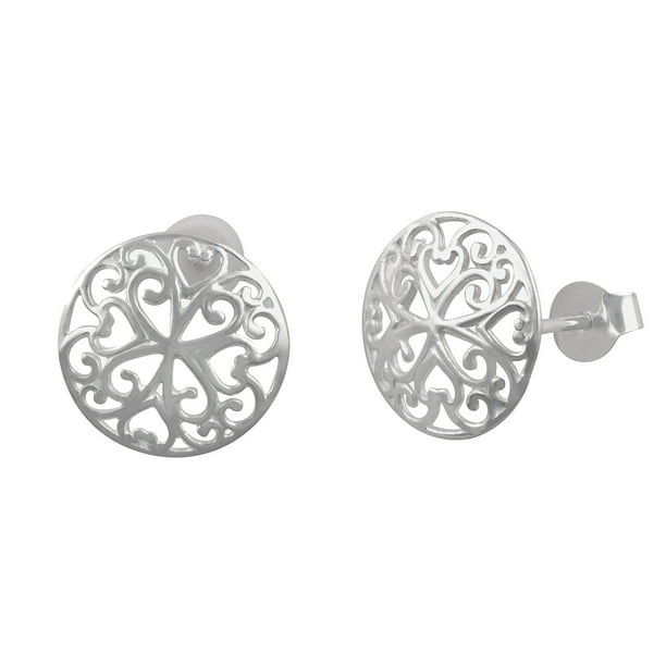 Aretes Redondos Grandes de Corazón con Filigrana Boho para Mujer en Plata Esterlina