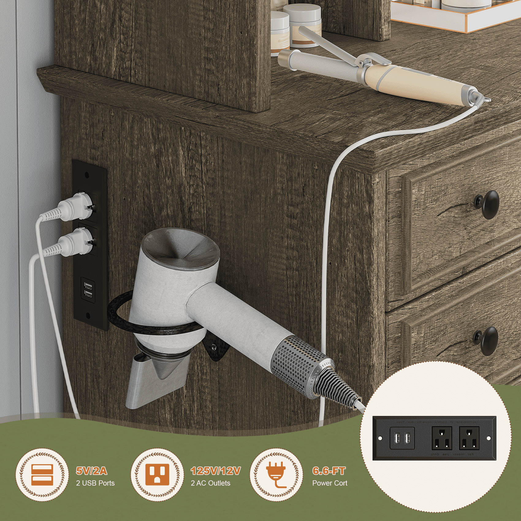 EnHomee Vanity Set with Mirror and Lights Farmhouse Vanity Desk with 5 Drawers & 2 Storage Cabinets Makeup Vanity Table with Lighted Mirror,Dark Oak