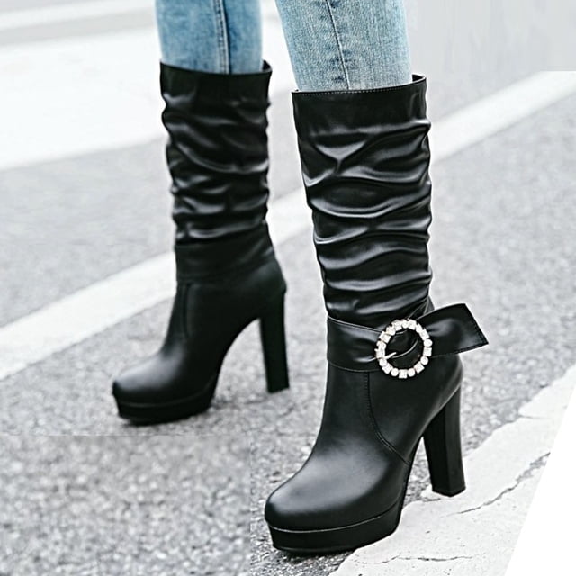 Qertyioot Talons Hauts pour Femmes, Chaussures Habillées pour Femmes Mode Couleur Unie Mi-Mollet Bout Rond à Enfiler Style Cavalier
