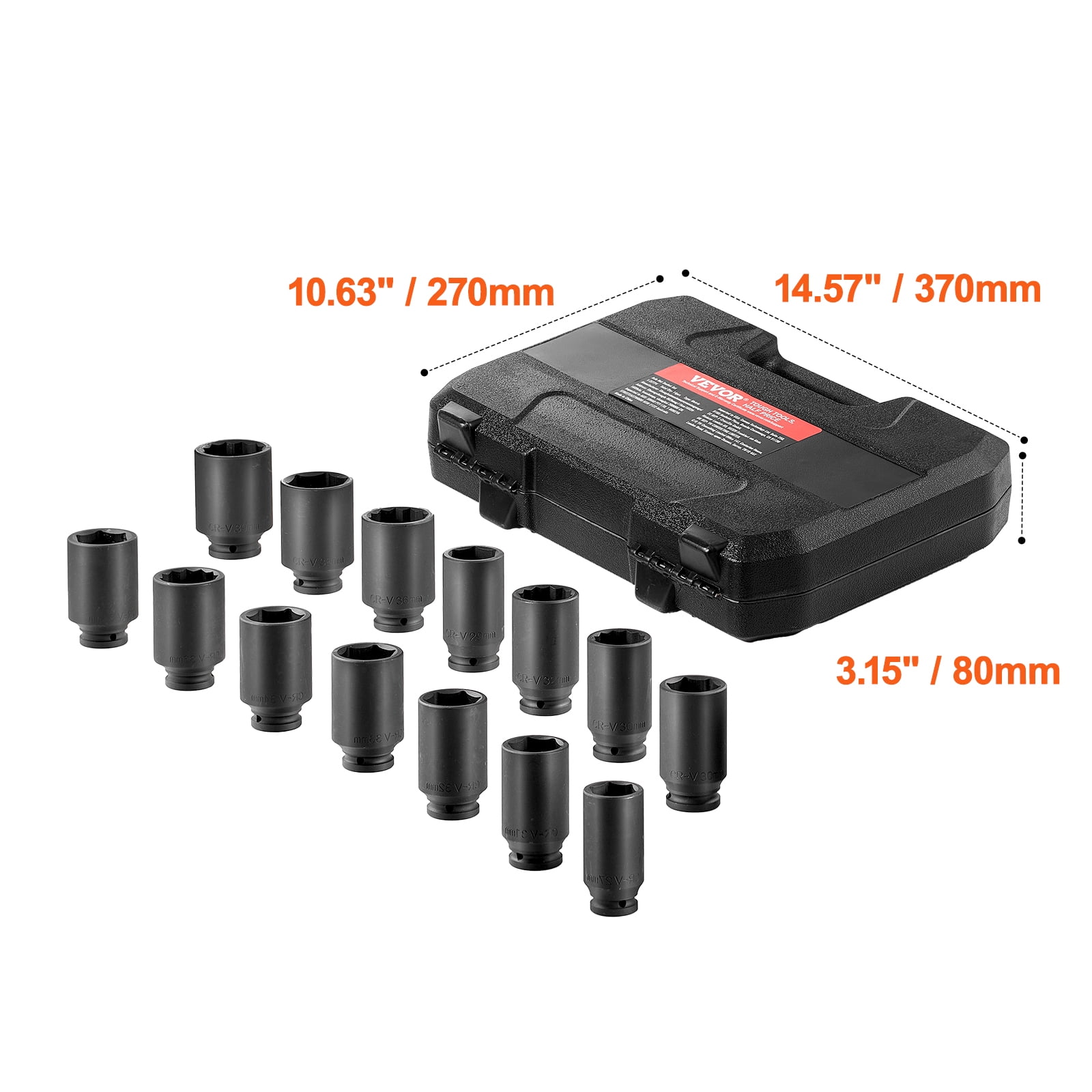 VEVOR Axle Nut Impact Socket Set, 1/2" Drive Deep 6+12-Point 14-Piece Metric Spindle Nut Socket Set, CR-V Heat Treated Large Socket Set with Storage Case, Auto Repair,Removing or Installing Axle Nuts