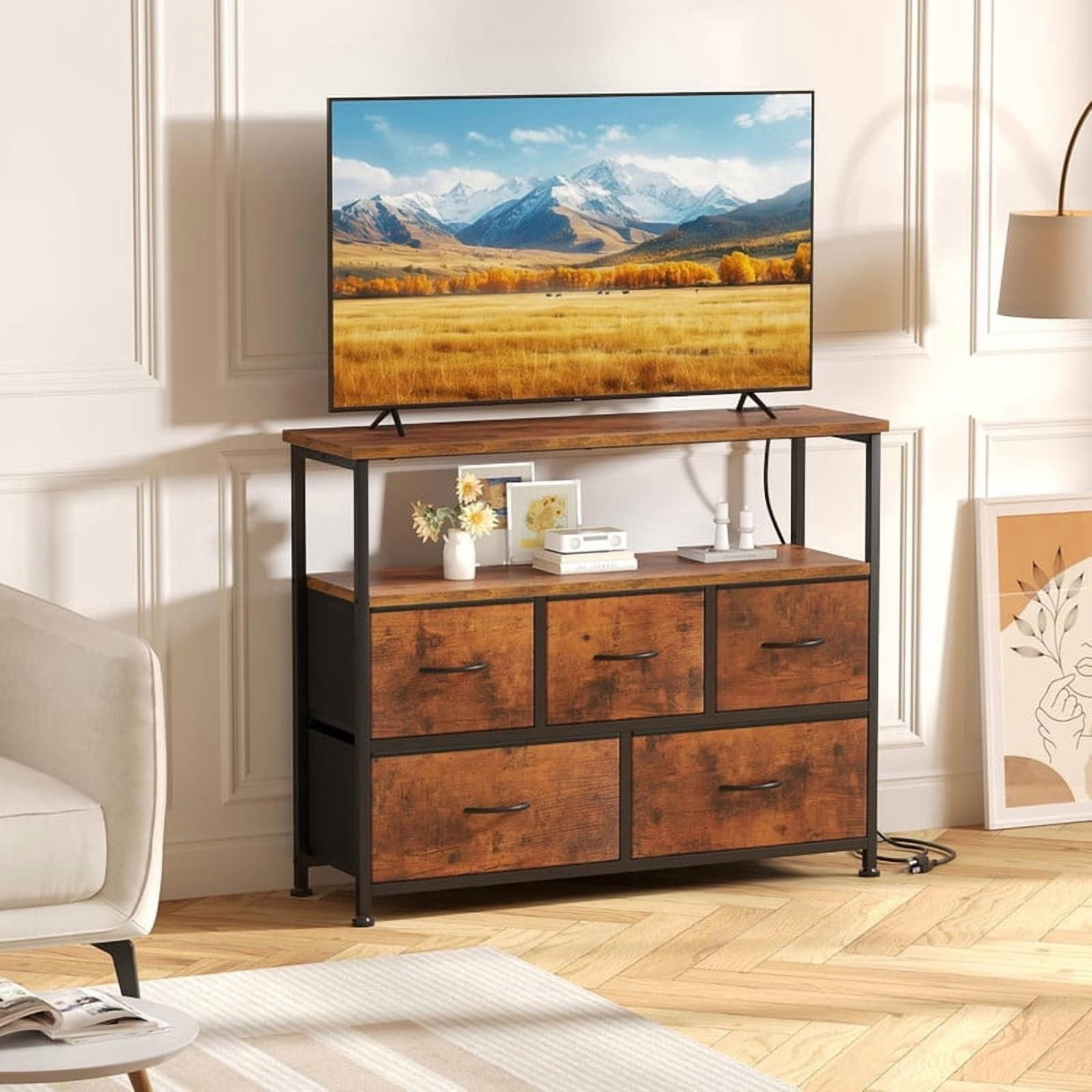 Kelno TV Stand with 5 Fabric Drawer Dresser Chest Storage Organizer, Rustic Brown