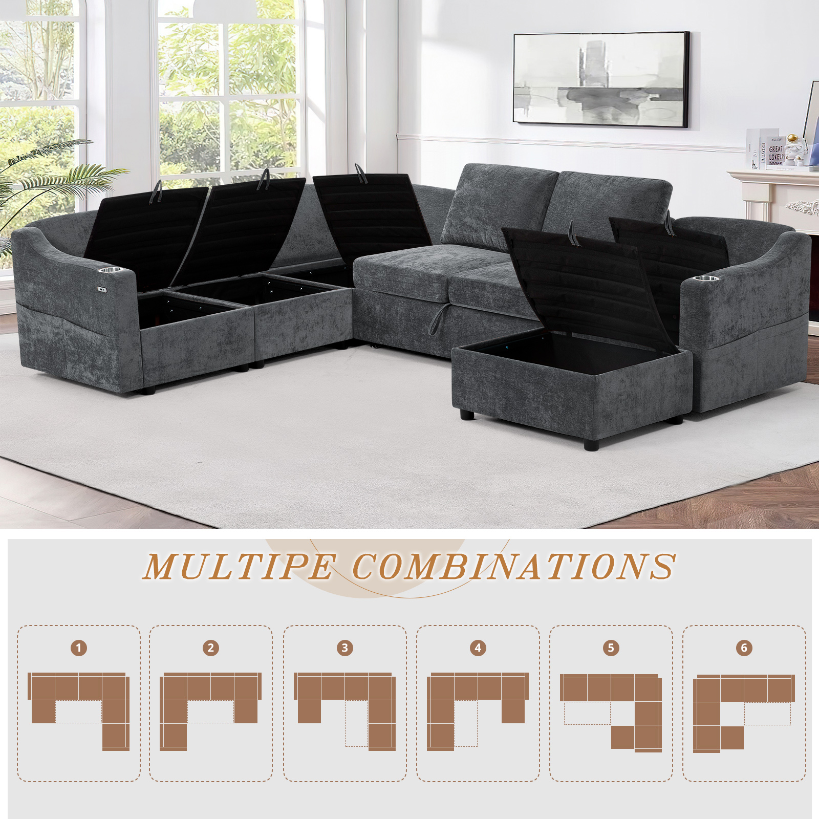 ACMEASE 116 Inches Chenille Sectional Couch w/Adjustable Backrests & Ottoman, Convertible U Shape Sleeper Sofa w/USB Ports, Modular Corner Sofa w/Pull-Out Bed & Storage Space for Living Room, Grey