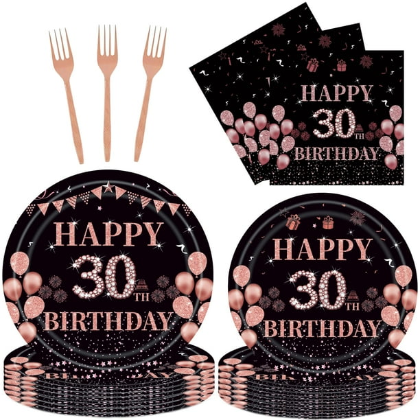 EMrups Juego de 96 platos para fiesta de cumpleaños número 30, decoraciones temáticas de oro rosa, incluye platos de oro rosa y tenedores para servilletas para mujeres de 30 años, suministros para fie