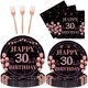 thumbnail image 1 of EMrups Juego de 96 platos para fiesta de cumpleaños número 30, decoraciones temáticas de oro rosa, incluye platos de oro rosa y tenedores para servilletas para mujeres de 30 años, suministros para fie, 1 of 7