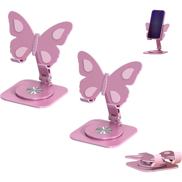 Butterfly Phone Stand for Desk,Foldable Butterfly Phone Stand 360° Rotating Aluminum Alloy, Cute Aesthetic Bedroom Office Decor Gift for Women(2pcs,pink