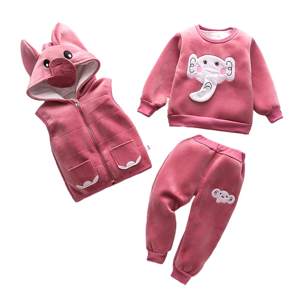Esaierr 1-5Y Baby Boys Girls Sweatshirt Outfits Double-Sided Velvet Fall Winter Clothing Set Toddler Cartoon Elephant Three-Piece Set