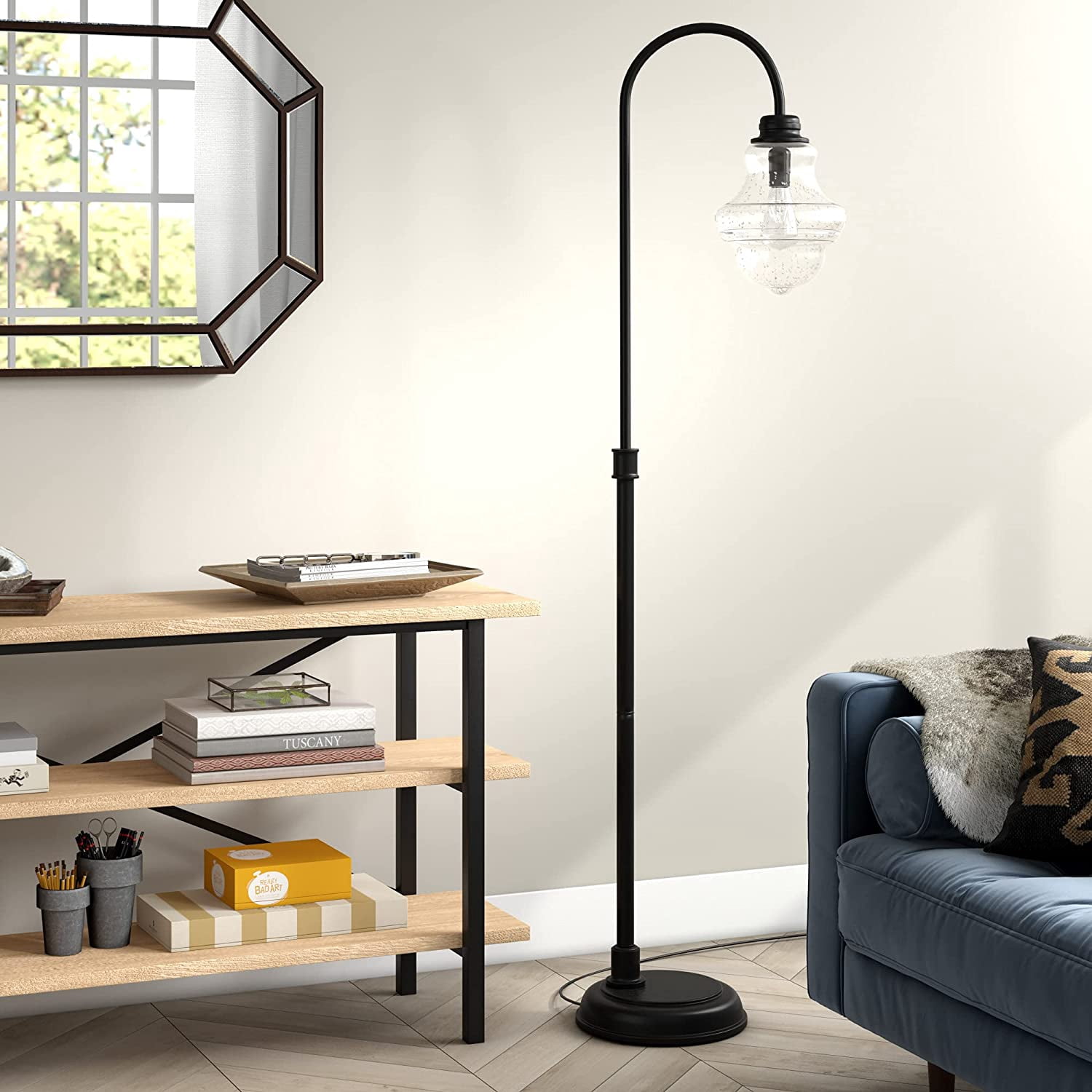 Evelyn&Zoe Sara 70" Tall Floor Lamp with Glass Shade, Blackened Bronze/Seeded