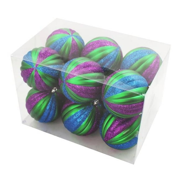 Queens of Christmas ORNPK-STRPB-ROYAL-12 Assorted Ball Ornament, Blue, Purple & Green - Pack of 12