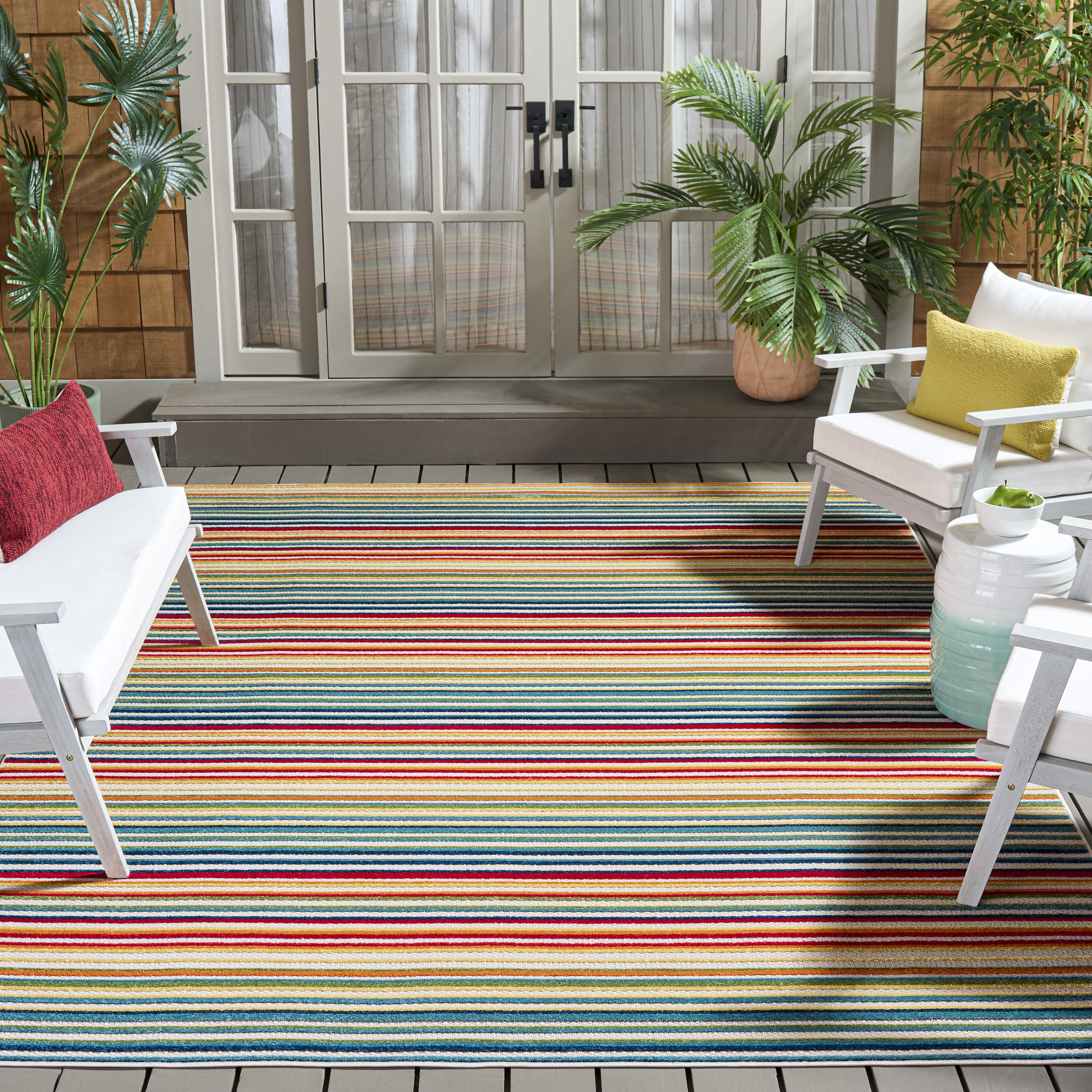 SAFAVIEH Cabana Fedelma Striped Indoor/Outdoor Area Rug, Ivory/Green, 6'7" x 6'7" Square