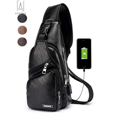 GustaveDesign Sling Bag Men Chest Shoulder Backpack waterproof Leather Crossbody Bag with USB ...