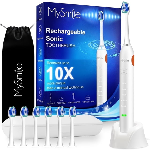 MySmile Cepillo de Dientes Eléctrico Sónico Recargable para Adultos, Cepillo de Dientes Seguro para el Esmalte, 6 Cabezales Reemplazables, 5 Modos de Limpieza Profunda con Súper Vibración, Blanco
