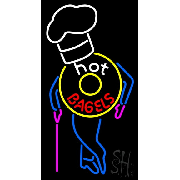 Hot Bagels With Chef LED Neon Sign 20 x 37 - inches, Black Square Cut Acrylic Backing, with Dimmer - Bright and Premium built indoor LED Neon Sign for restaurant window and interior decor.