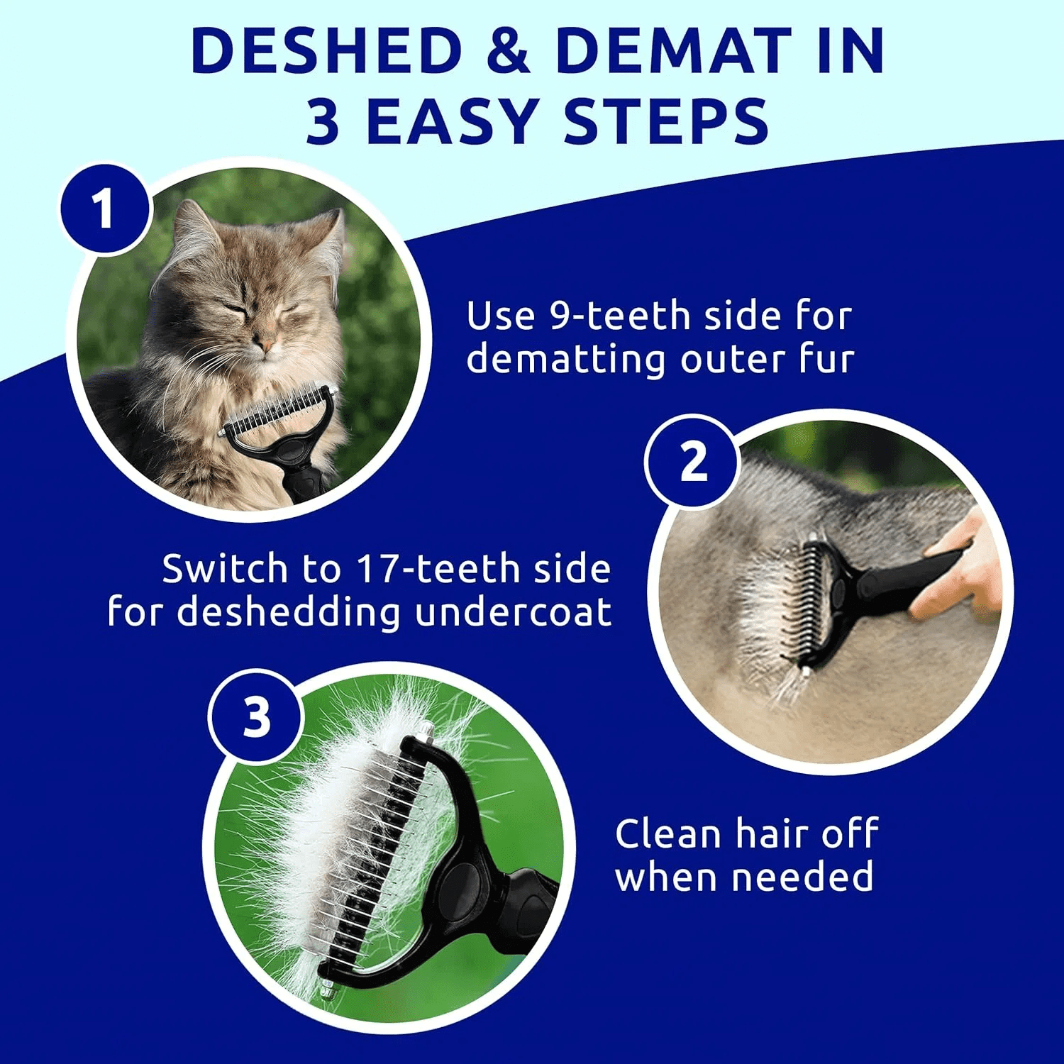 Dual-Sided Pet Grooming Brush, 9 & 17 Teeth Deshedding Dematting Comb with Non-Slip Handle, Skin Safe Grooming Tool for Dogs, Cats and Horses
