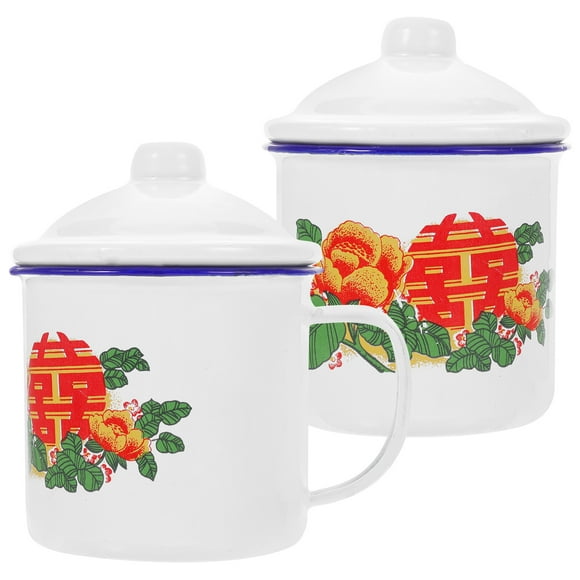2pcs Smooth Enamel Teacup Chinese Style Teacup Dining Table Beverage Container Vintage Drinking Holder