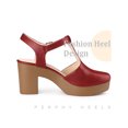 thumbnail image 3 of BLISSFUL STEP Women's Platform T-Strap Block Heels Sandals Solid Round Toe Faux Leather Shoes Red 9, 3 of 5