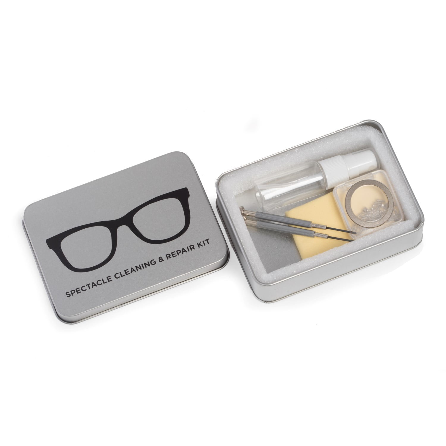 Eye Glass Cleaning & Repair Kit in Metal Case, Includes Cleaning liquid