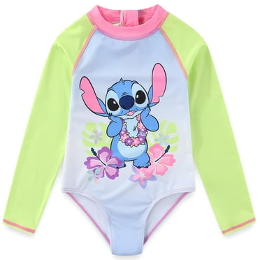 Disney Lilo & Stitch UPF 50+ One Piece Long Sleeve Rash Guard Bathing Suit (Girls), Sizes 4-10