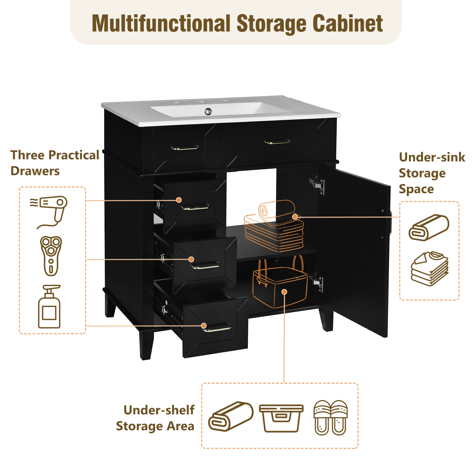 EUROCO 30" Bathroom Vanity with Ceramic Sink,Solid Wood Bathroom Makeup Cabinet with Soft Close Door,Adjustable Shelf and 3 Drawers,Free Standing Single Basin Vanity Set for Bathroom,Black