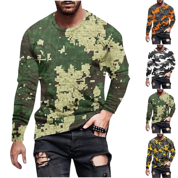 KeShDi Shirts for Men Fall Shirts Men's Camouflage Print Crewneck Casual Long-sleeved Orange 2X