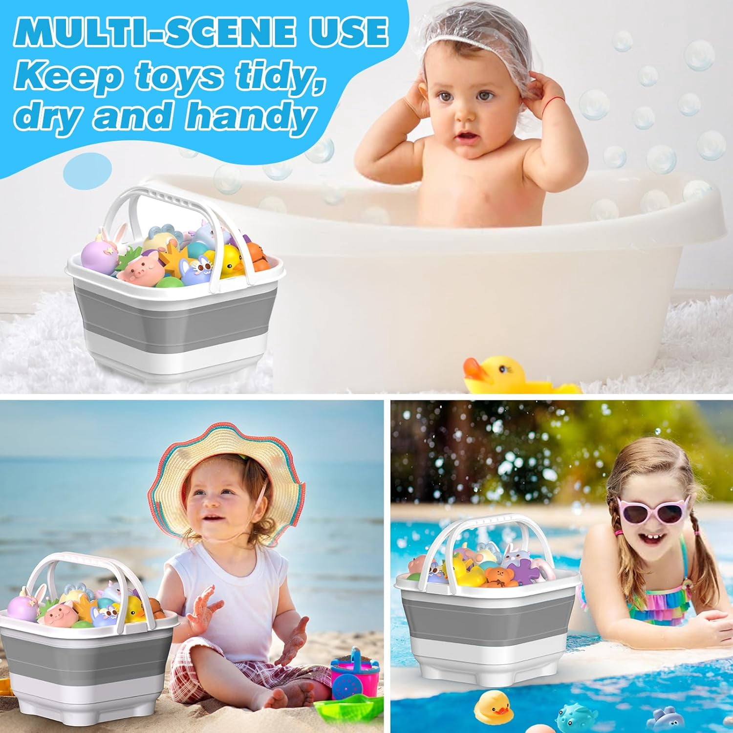 LC-dolida Bath Toy Storage Organizer, Foldable Bathtub Toy Holder Storage with Removable Base for Draining Drying, Bathroom Shower Toy Holder Baby Bath Toy Basket for Easy Storage (Gray)