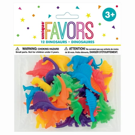 Unique Industries Assorted Neon Plastic Dinosaur Party Favors, 12 Count