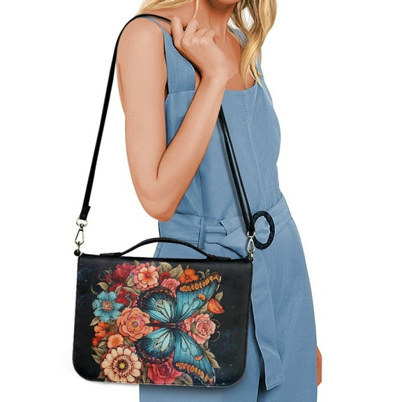 Kuiaobaty Butterfly Flower Pattern PU Leather Bible Cover Carrying Book Case Multifunctional Church Bag Bible Protective Bible Case Crossbody Bag with Shoulder Strap & Handle for Men Women, L