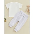 thumbnail image 4 of Suealasg Toddler Boys Easter Clothes 2Pcs Newborn Baby Boys Spring Outfit Kids Boys Short Sleeve Crew Neck Letters Print Tops +Elastic Waist Pants, 4 of 9