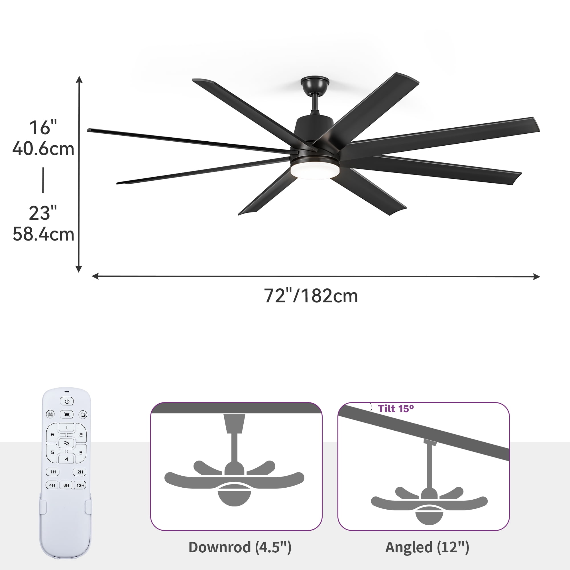 Uforic 72-inch 8-Blade Modern Ceiling Fan with Dimmable 3-Color LED for Indoor and Outdoor