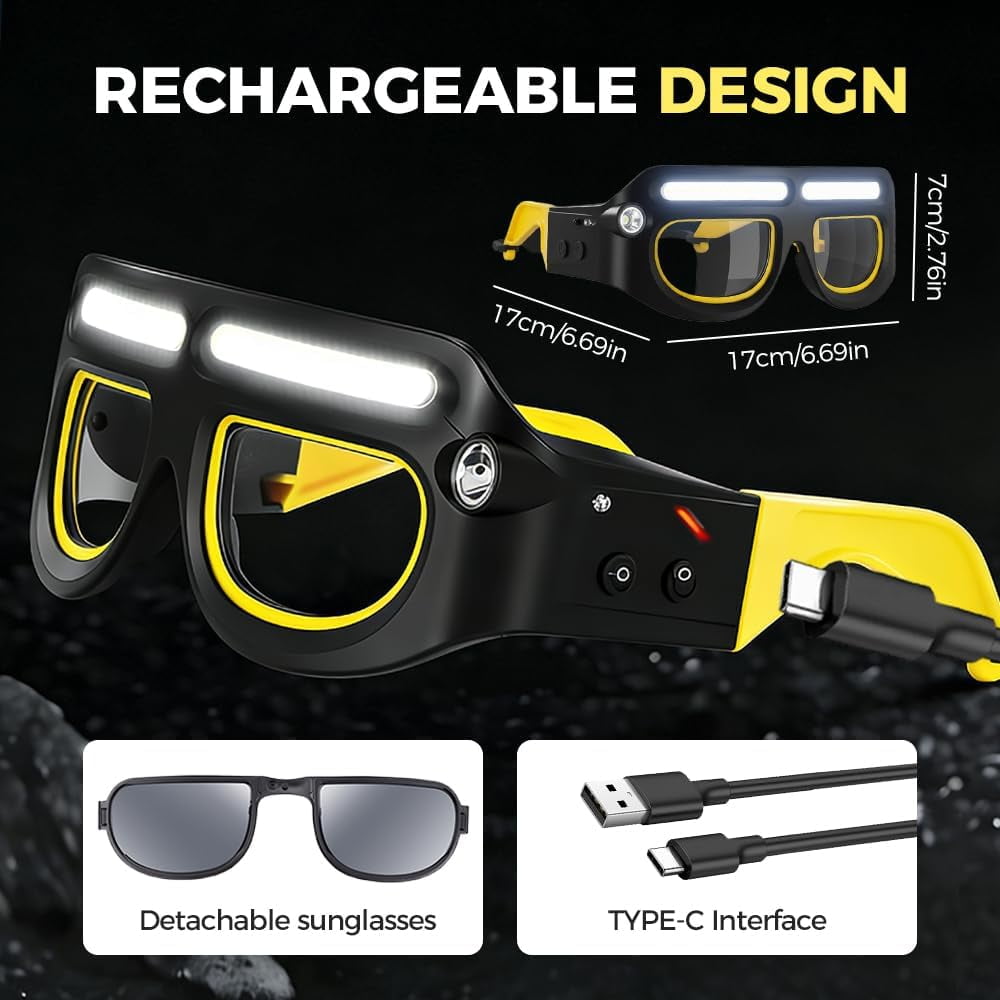 Rechargeable LED Motion Sensor Glasses Lamp, LED Safety Glasses with Dual Beam & Motion Sensor, 5 Modes Light Up Headlamp for Running Camping Fishing Cycling Hiking Night Work