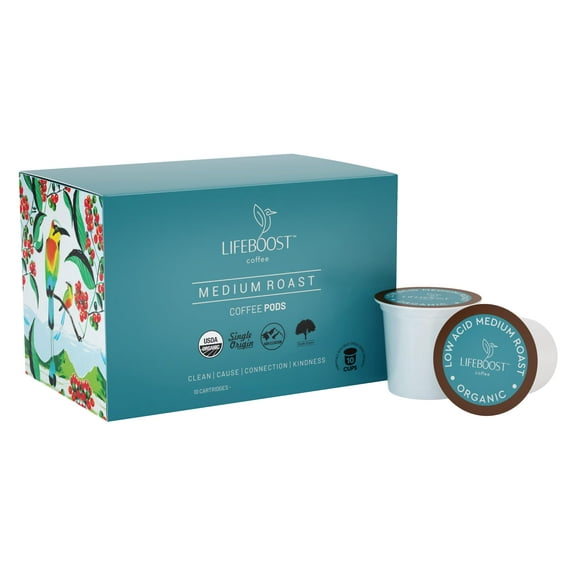 Lifeboost Medium Roast Low Acid Coffee K Cups - Single Origin Mold Free Non-GMO Organic Coffee Pods - Compatible with Keurig & Keurig 2 Machines - 10 Count