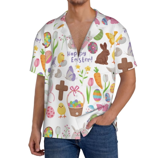 Balery Happy Easter1 Camisa Casual de Manga Corta con Botones para Hombre, Texturizada, Estilo Cubano, para Playa, Verano-Medium