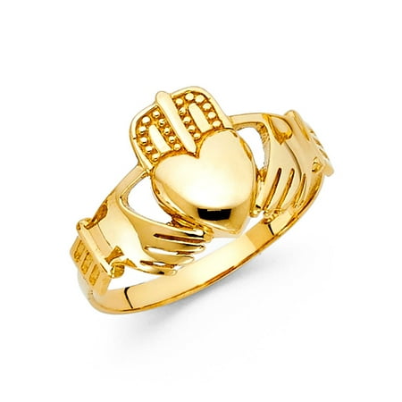 White Gold Irish Claddagh Ring - Men's 14K Solid Yellow Gold Claddagh Irish Ring, Size 8