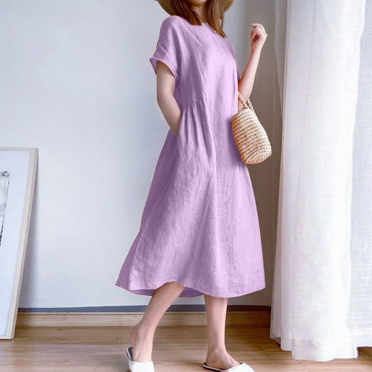 Lmtime Summer Dresses Casual Loose Linen Beach Solid Color Flowy