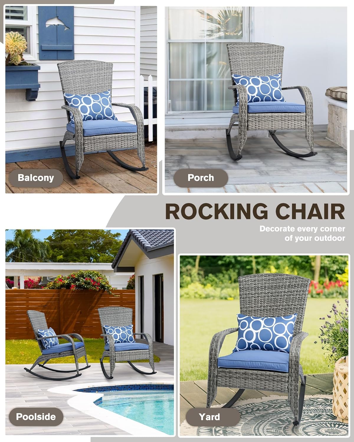Outdoor Rocking Chair- Glider Rattan Rocker Chair with Heavy Duty Steel Frame- All Weather Outdoor Rocker Chair for Garden, Porch, Backyard