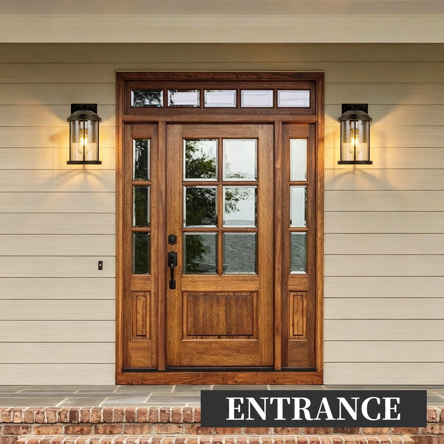 Set of 2 Outdoor Wall Sconces with Seeded Glass and Black Finish, Exterior Porch Lanterns for House and Garage, Black