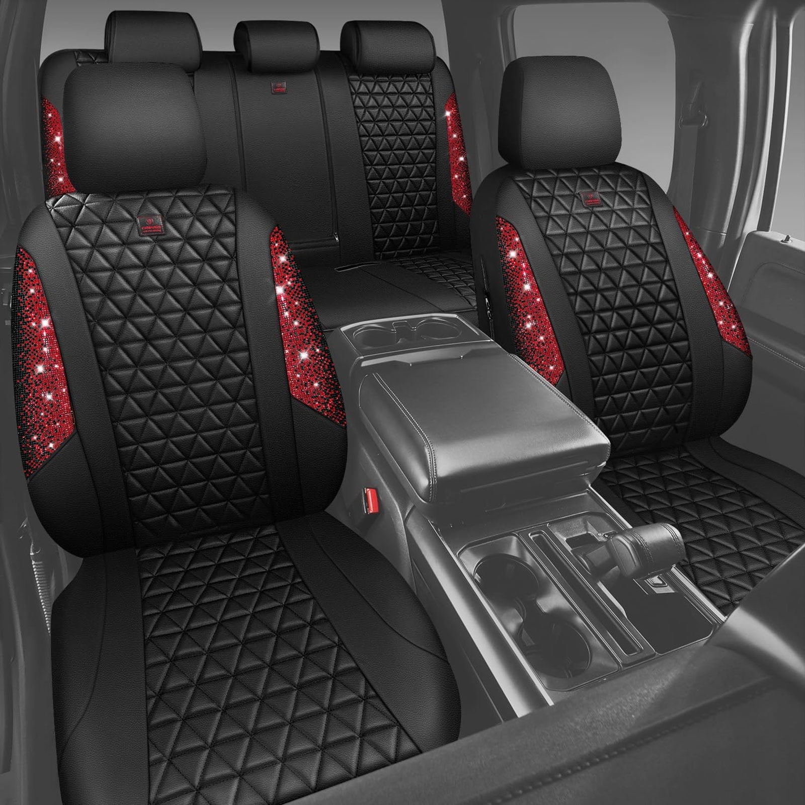 CAR GRAND Bling diamond leather automotive seat covers full set water proof shining glitter sparkly crystal rhinestone universal armrest fit girl woman lady red