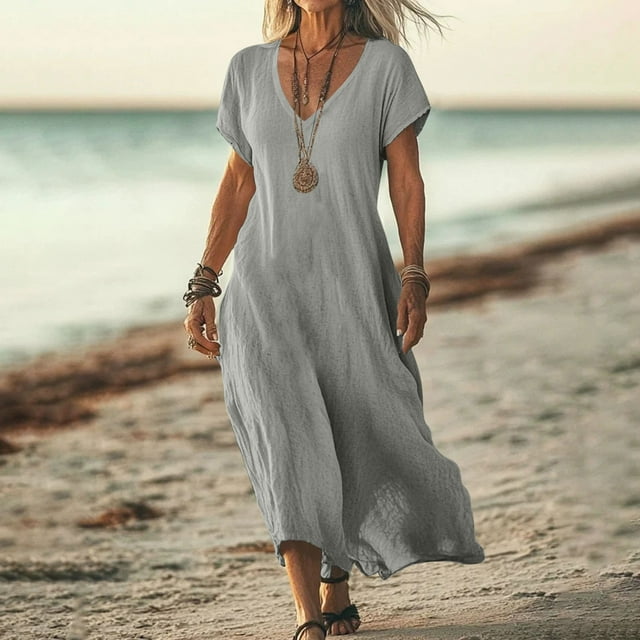 SEAOPEN Robes d'Été pour Femmes Col en V Tendance 2025 Vacances Décontractée Grande Taille Robe Midi Boho Fluide T-Shirt Longues Robes Gris,m