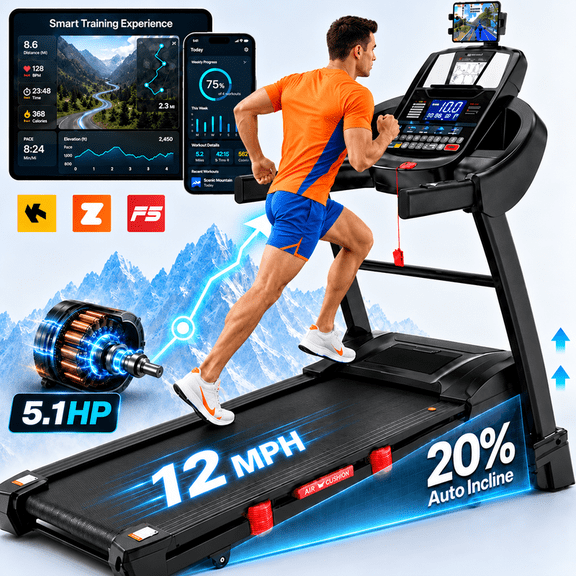 5.1HP Folding Treadmill with 20 Level Auto Incline, 12 MPH Electric Treadmill, 400 lb Capacity, 71 Workout Programs, 51'' x 18'' Running Belt for Home
