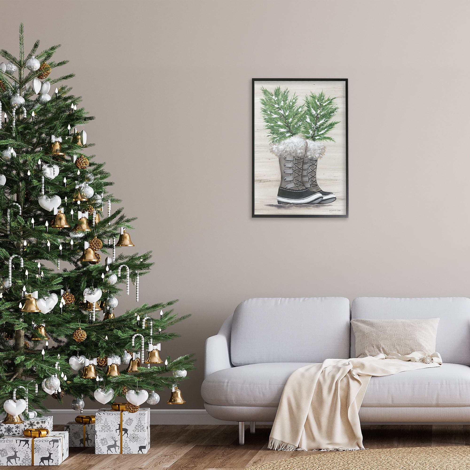 Stupell Industries Winter Sprigs in Boots Botanical & Floral Painting Black Framed Art Print Wall Art, 20 x 30
