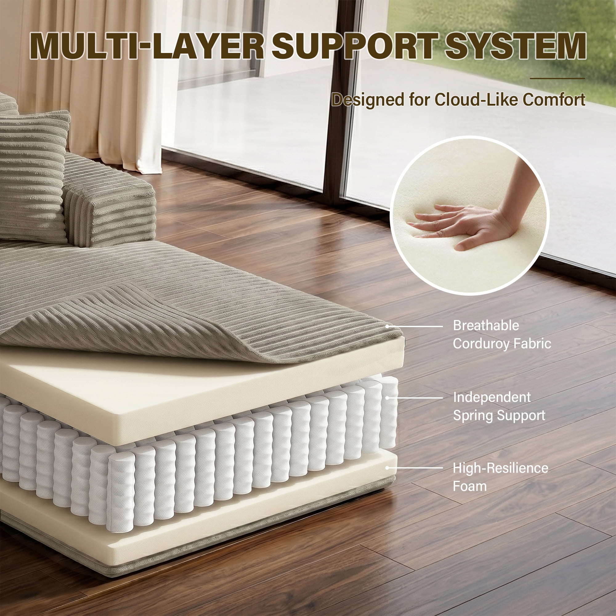 Aukfa 96" Cloud Sectional Couch, Modular L Shaped Boneless Sofa with Right Facing Chaise&2 Storage Pockets, Camel
