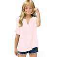 thumbnail image 2 of lcziwo Summer Linen Shirts for Girls Casual Roll Up Short Sleeve Tunic Blouses Kids Solid Loose V Neck T Shirt Pink Summer Savings, 2 of 6